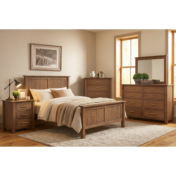 Amish solid wood Heirloom Mission 5 piece bedroom set in Rustic Oak with 112 Provincial stain: panel bed, nightstand, chest, high dresser and mirror