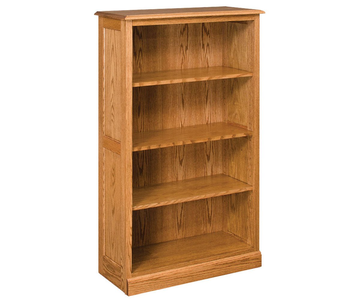 Four-shelf oak bookcase in medium Provincial stain with adjustable shelving and a paneled side, on a white background