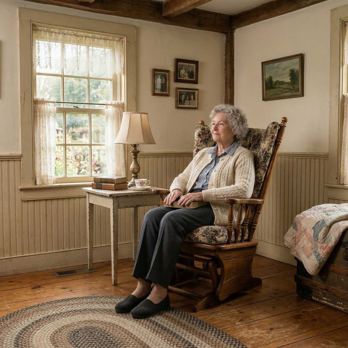 Elderly woman relaxing in a traditional oak glider rocker with floral tapestry cushions in a farmhouse living room