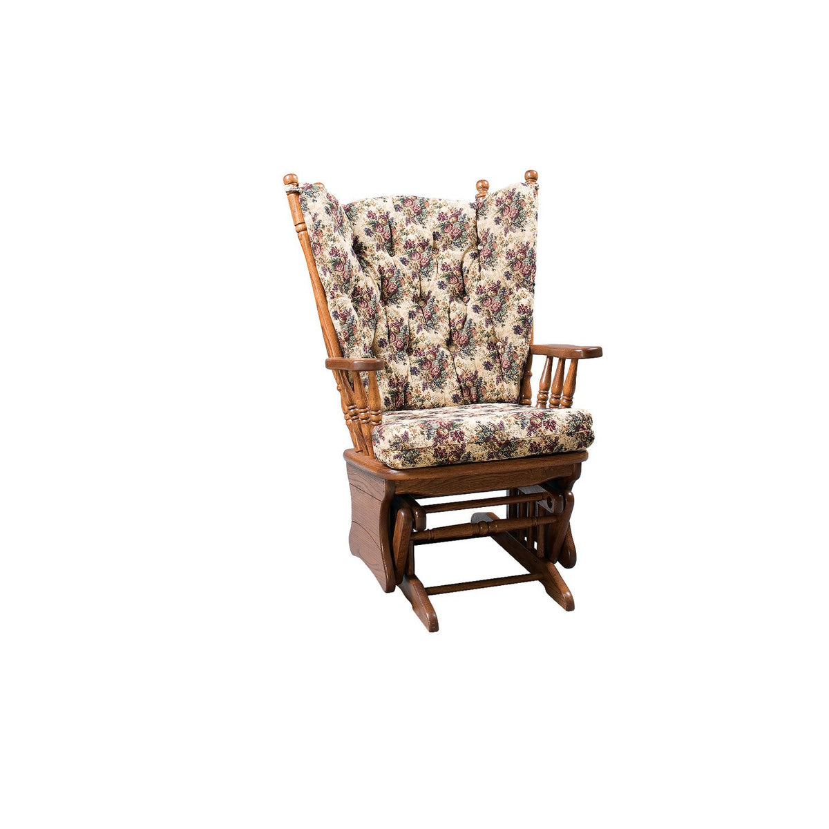Three-quarter view of the high wing back glider rocker in oak with button-tufted floral cushions on a white background