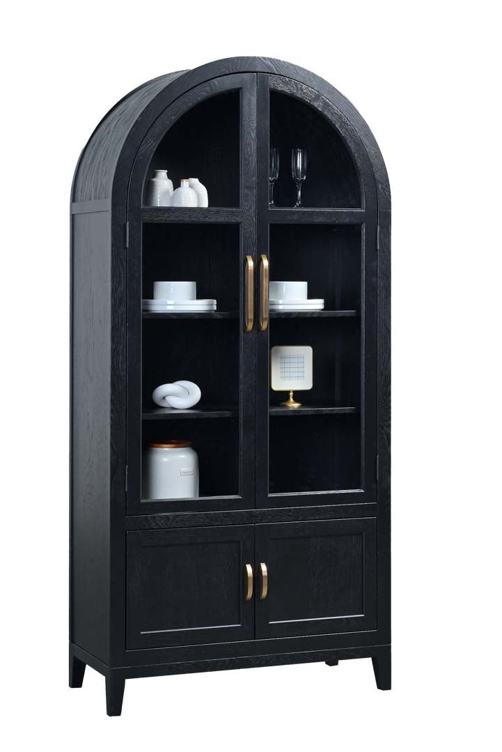 Black arched display cabinet with glass doors, three interior shelves, gold pulls and lower panel doors in a sunlit dining room