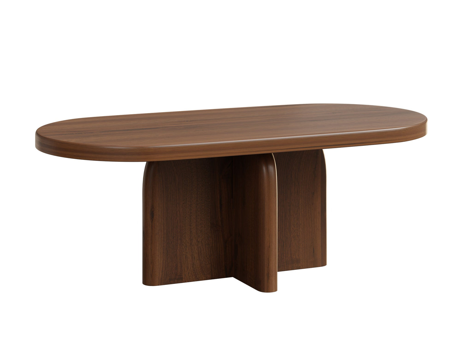 Oval wood coffee table with rounded edge top on a cross shaped pedestal base, styled with books and a eucalyptus vase