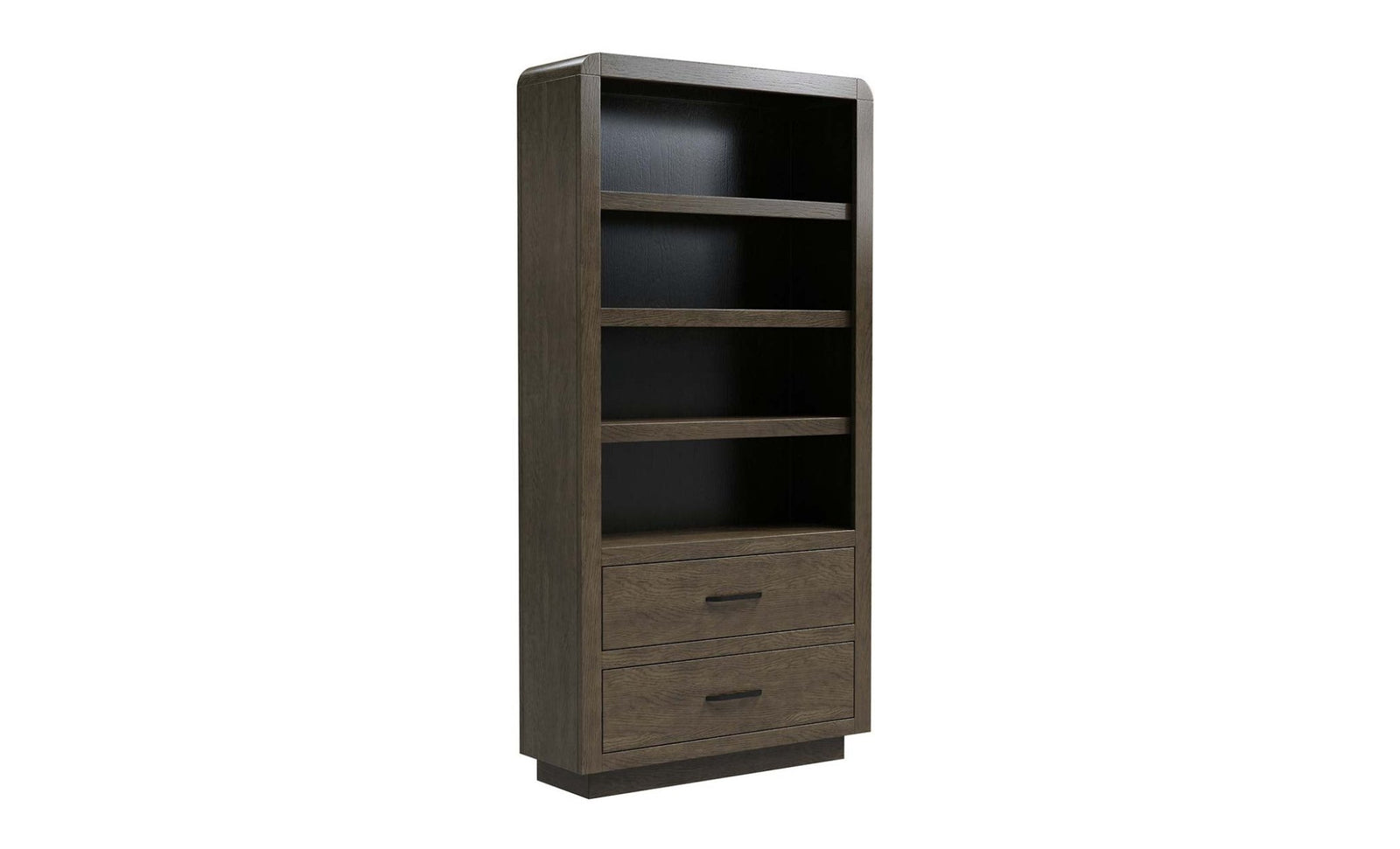 A tall, narrow bookcase with a dark brown wood grain finish, featuring four open shelves and two drawers at the bottom, shown on a plain white background.