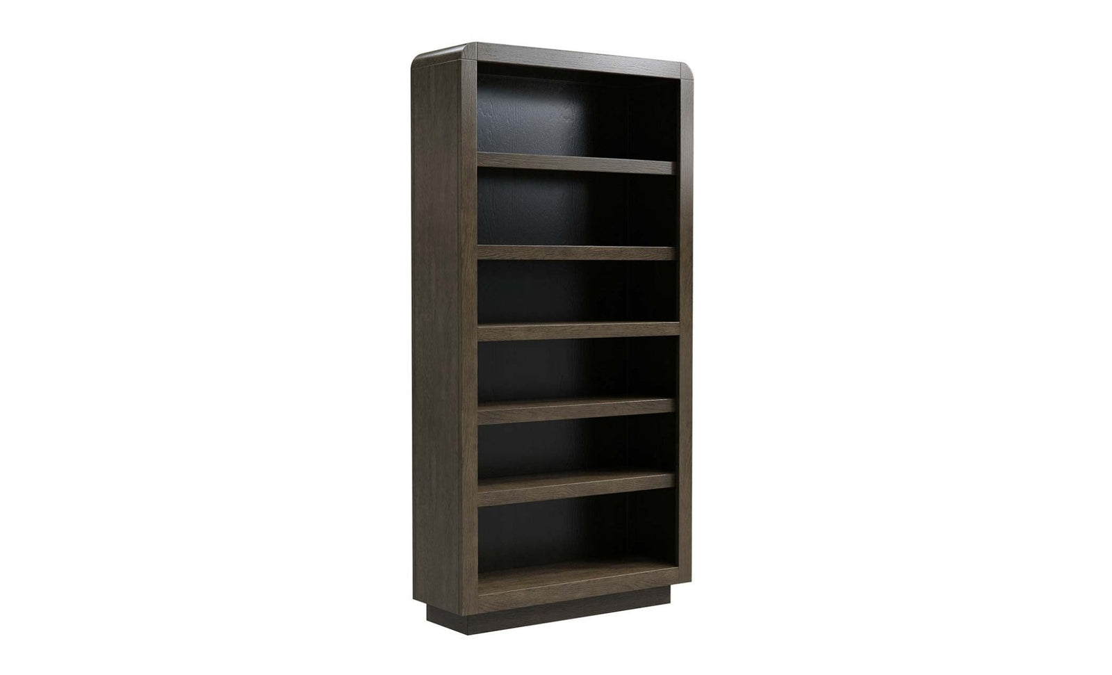 Tall dark oak bookcase with rounded corners, five open shelves and a recessed plinth base on a white background