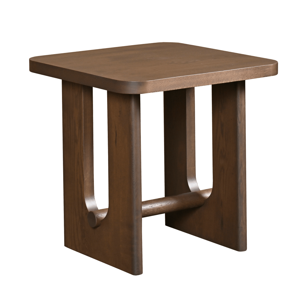 Square end table in warm walnut with rounded top edges, curved panel legs and a dowel stretcher, angled view