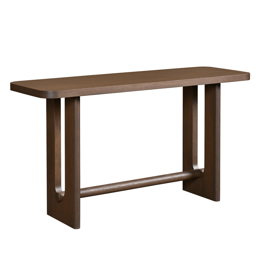 Console table in warm walnut with rounded top corners, curved slab legs and a round dowel stretcher, angled view