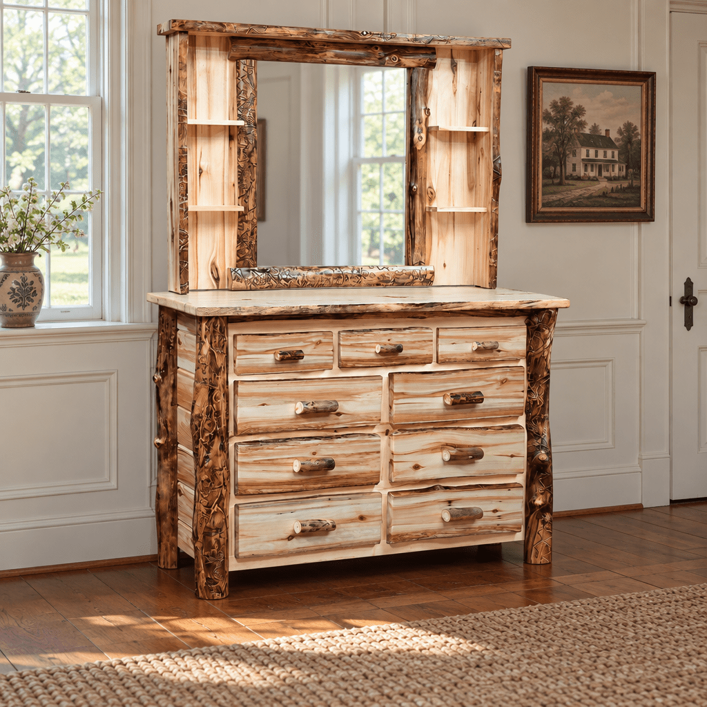 Amish Homestead Log 3 over 6 Drawer Dresser shown in the bedroom of a traditional colonial home