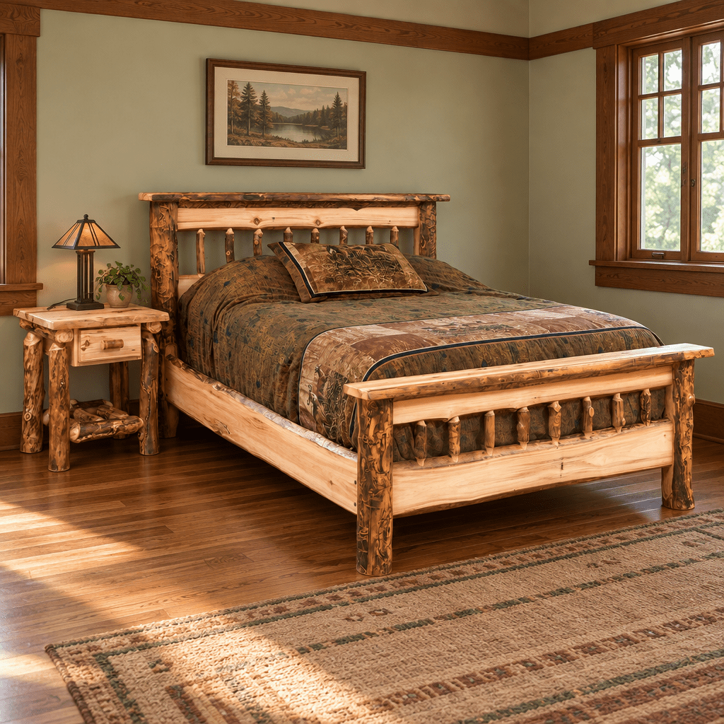 Amish Homestead Log Bed shown in the bedroom of a craftsman bungalow home