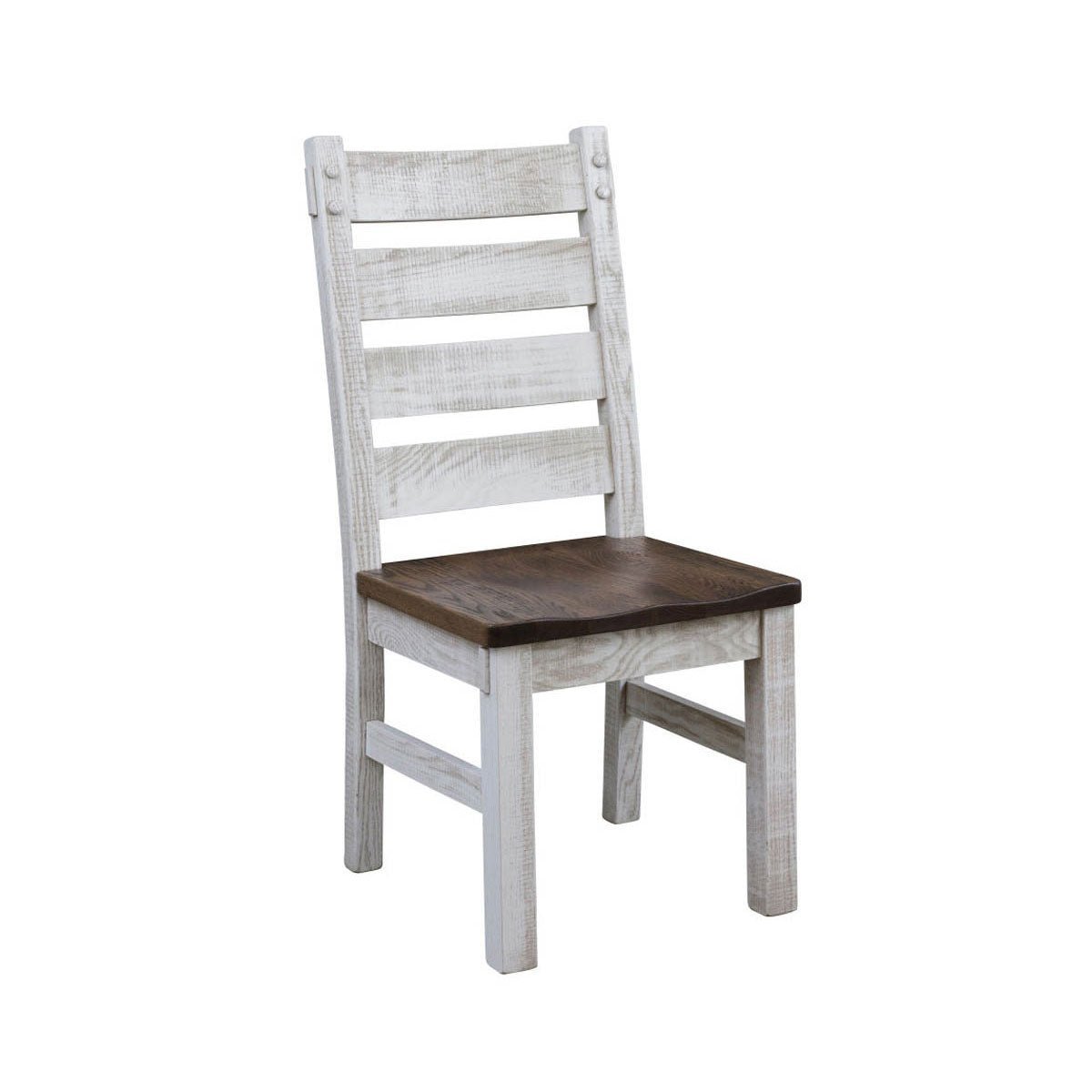 Whitewashed ladder back dining chair with four horizontal slats and a dark stained scooped seat