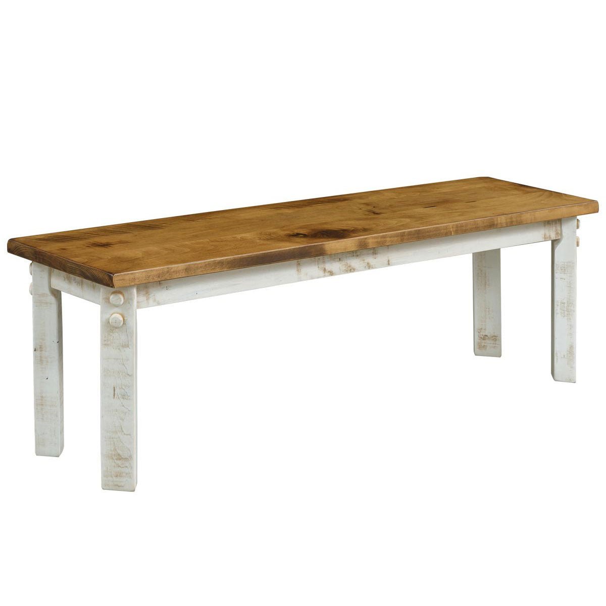 White washed rustic dining set with a stained top, ladder back chairs and a bench beside a pine hutch