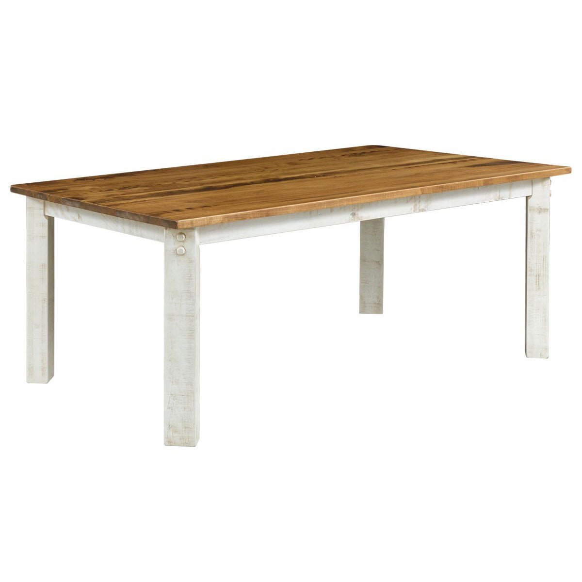 Rustic leg dining table with a golden stained reclaimed top and heavy distressed white square legs