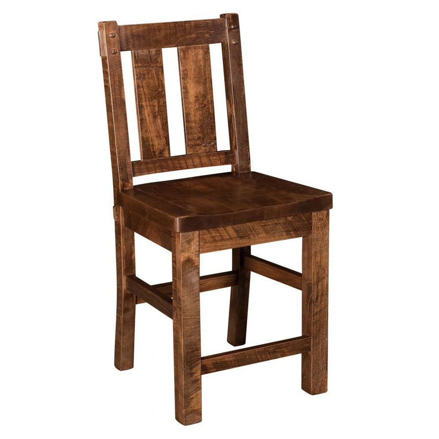 Rustic bar chair in a dark brown finish with slat back, square legs and a solid plank seat on white