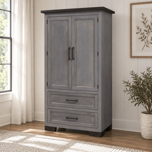 Amish Hudson Solid Wood 2-Door Armoire shown in the bedroom of a modern farmhouse home