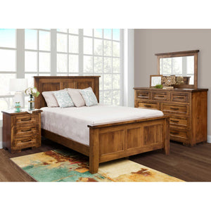Rustic Hudson bedroom set with panel bed, three-drawer nightstand, nine-drawer dresser and mirror in a sunlit room