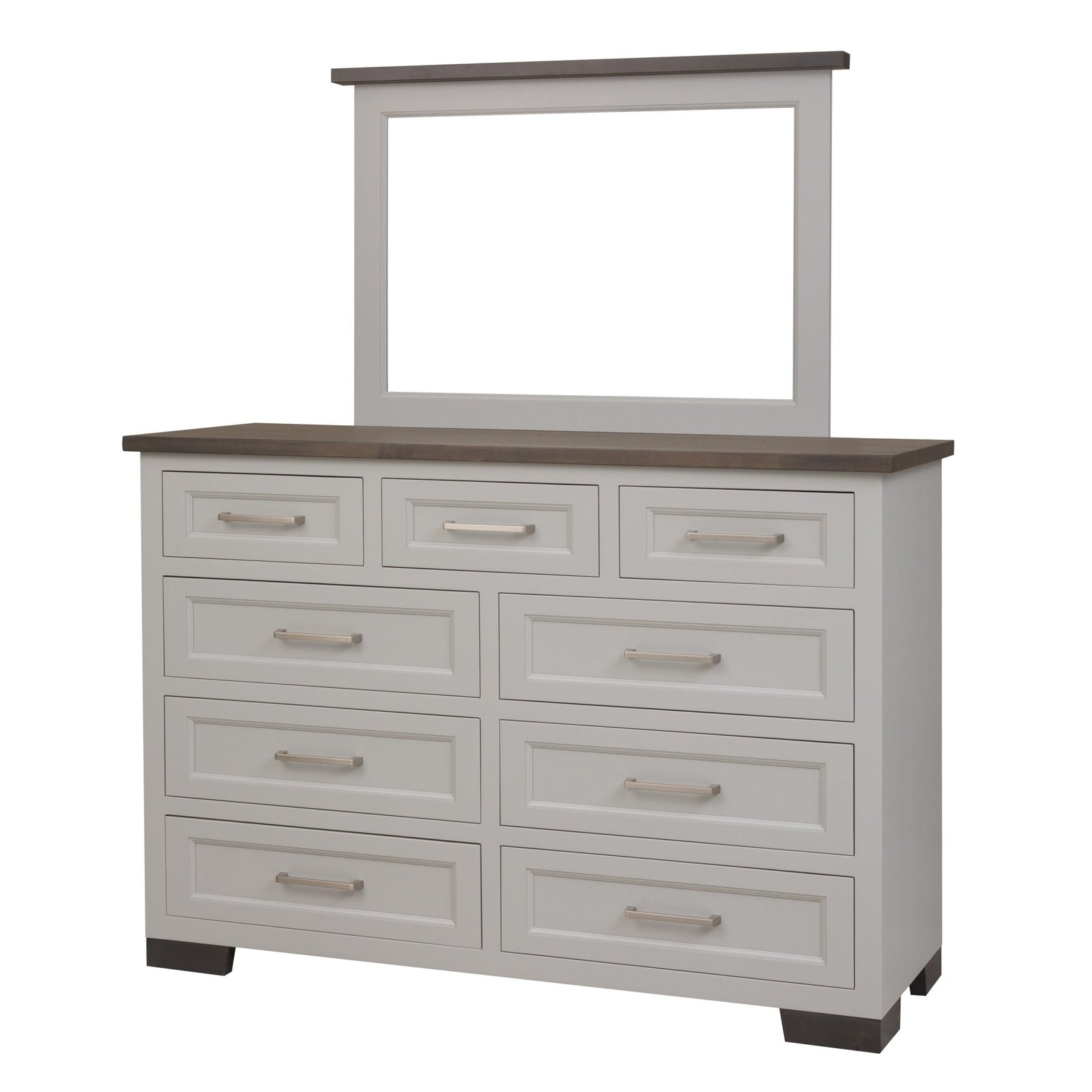 White bedroom set with storage bed, gray topped dresser and mirror and nightstand in a blue gray room
