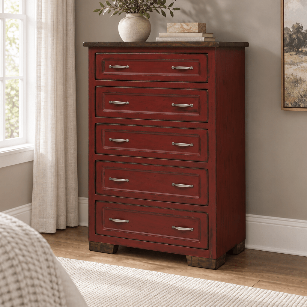 Amish Hudson Solid Wood Chest of Drawers shown in the bedroom of a transitional home