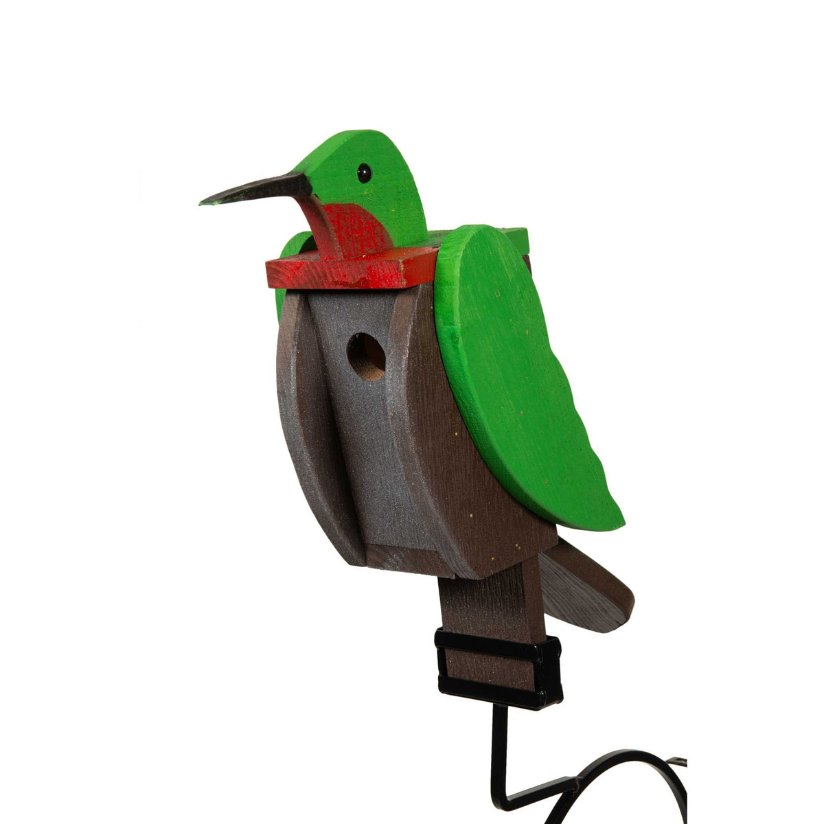 Green and gray hummingbird shaped birdhouse with red throat and round entry hole on a black bracket