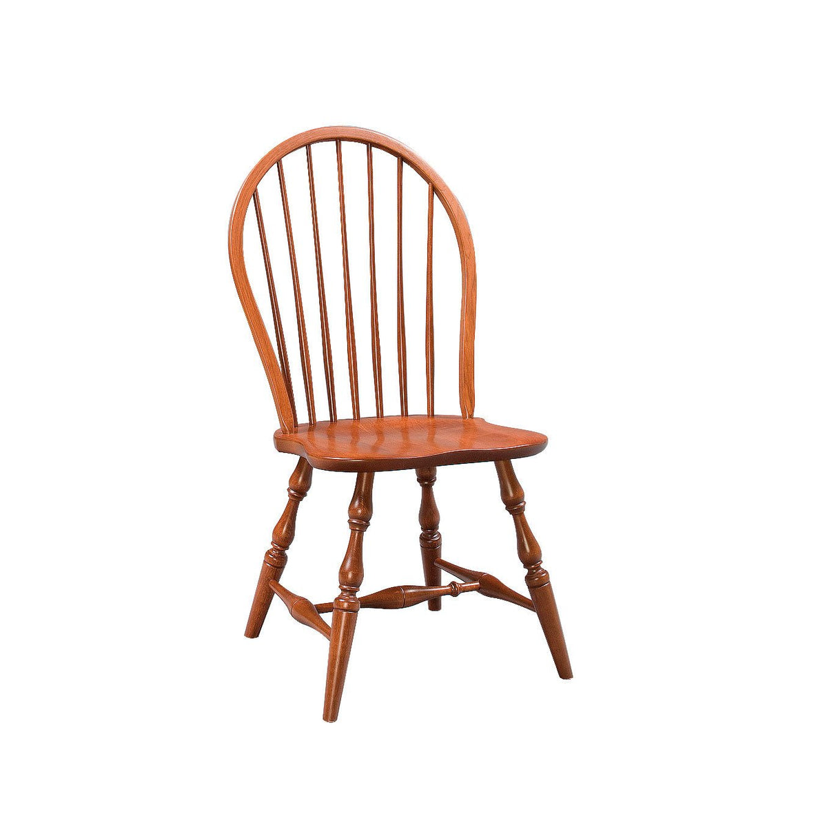 Cherry bow back Windsor side chair with seven spindles, shaped saddle seat and turned legs with spindle stretchers