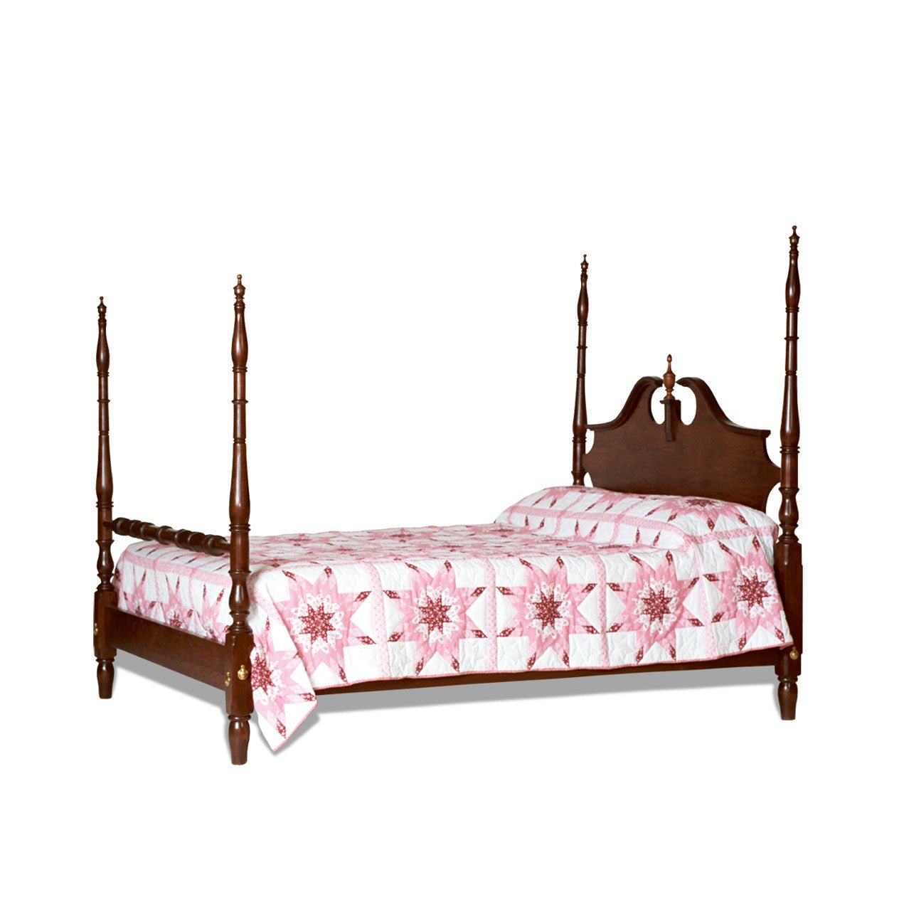 Cherry poster bedroom set with a broken-arch pediment bed, floral quilt, nightstand and seven-drawer chest of drawers