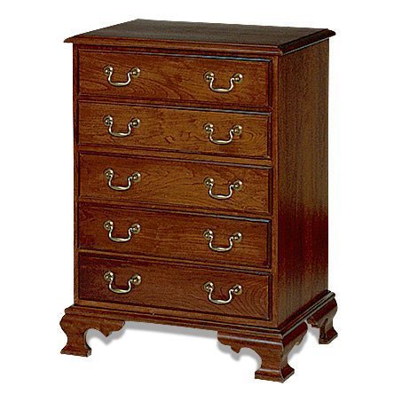 Five-drawer cherry chest of drawers with antique brass bail pulls and a carved ogee bracket foot base