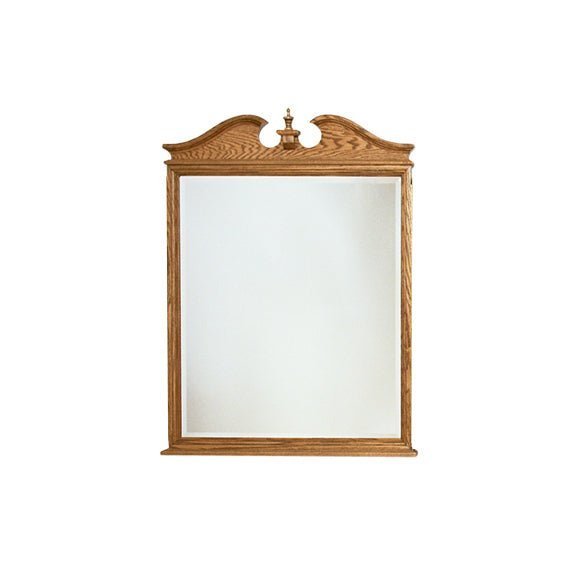 Oak dresser mirror with a carved broken-scroll pediment, center urn finial and beveled rectangular glass