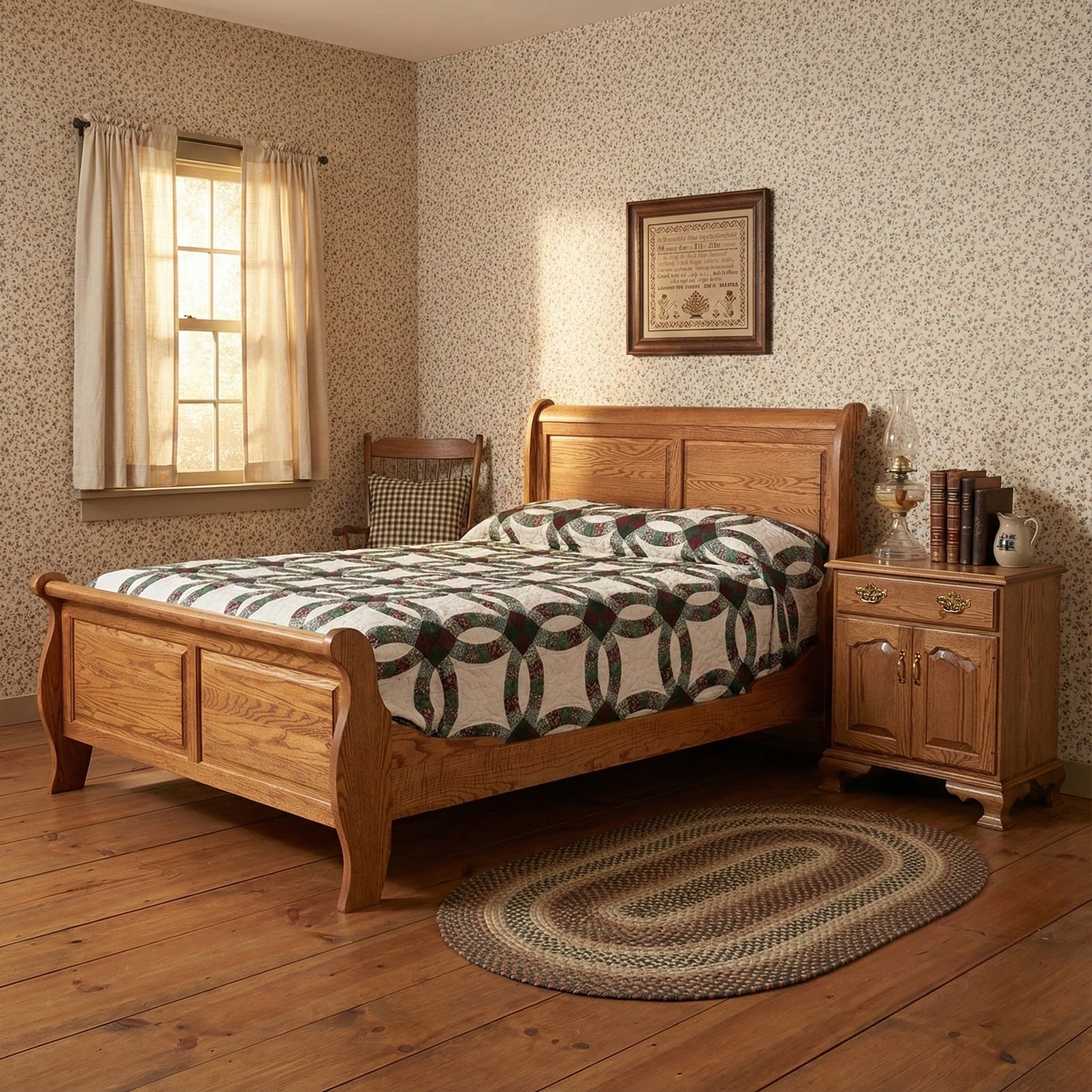 Oak sleigh bed with paneled scrolled headboard and footboard, wedding ring quilt, in a country bedroom with braided rug