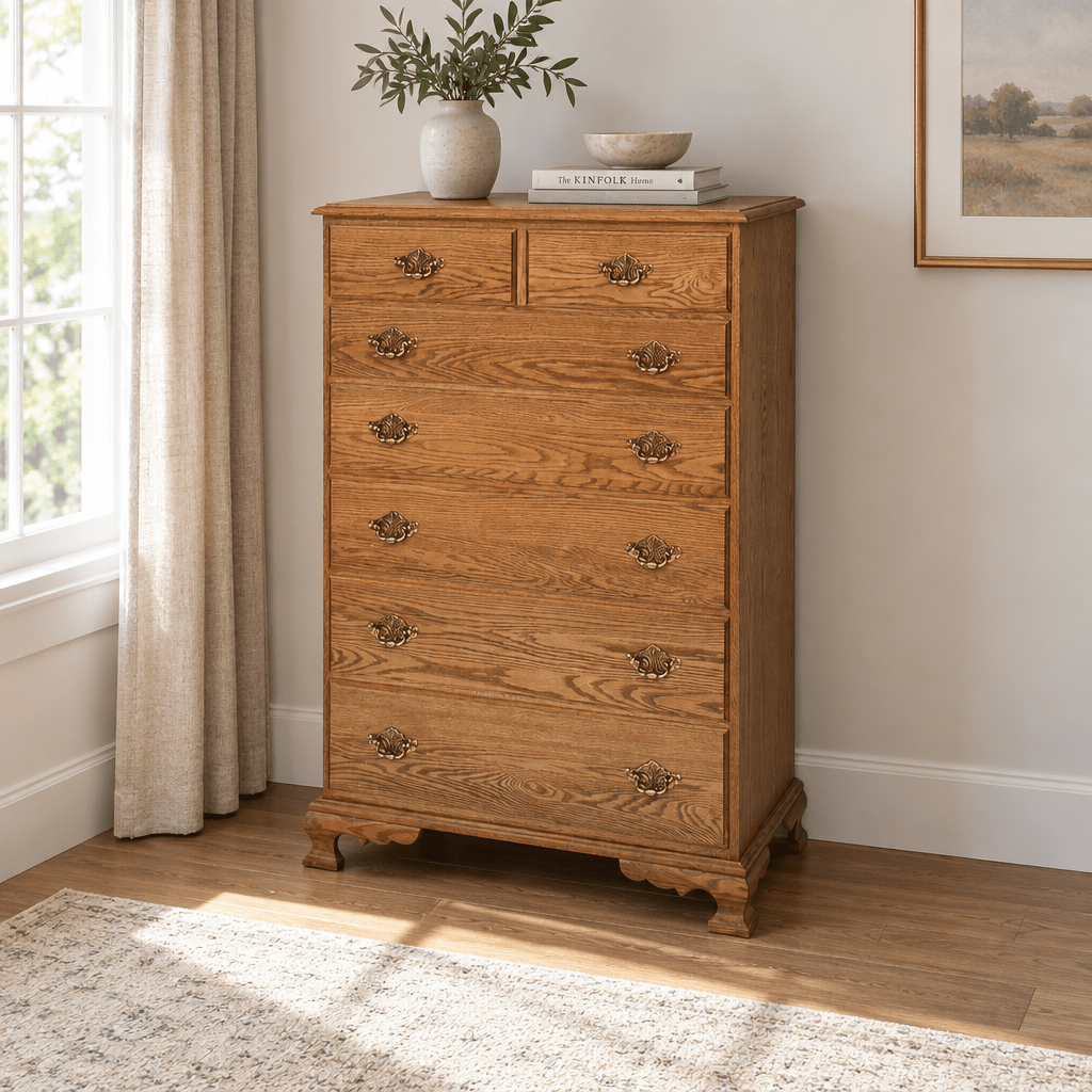 Amish Jamestown Colonial Chest of Drawers shown in the bedroom of a transitional home