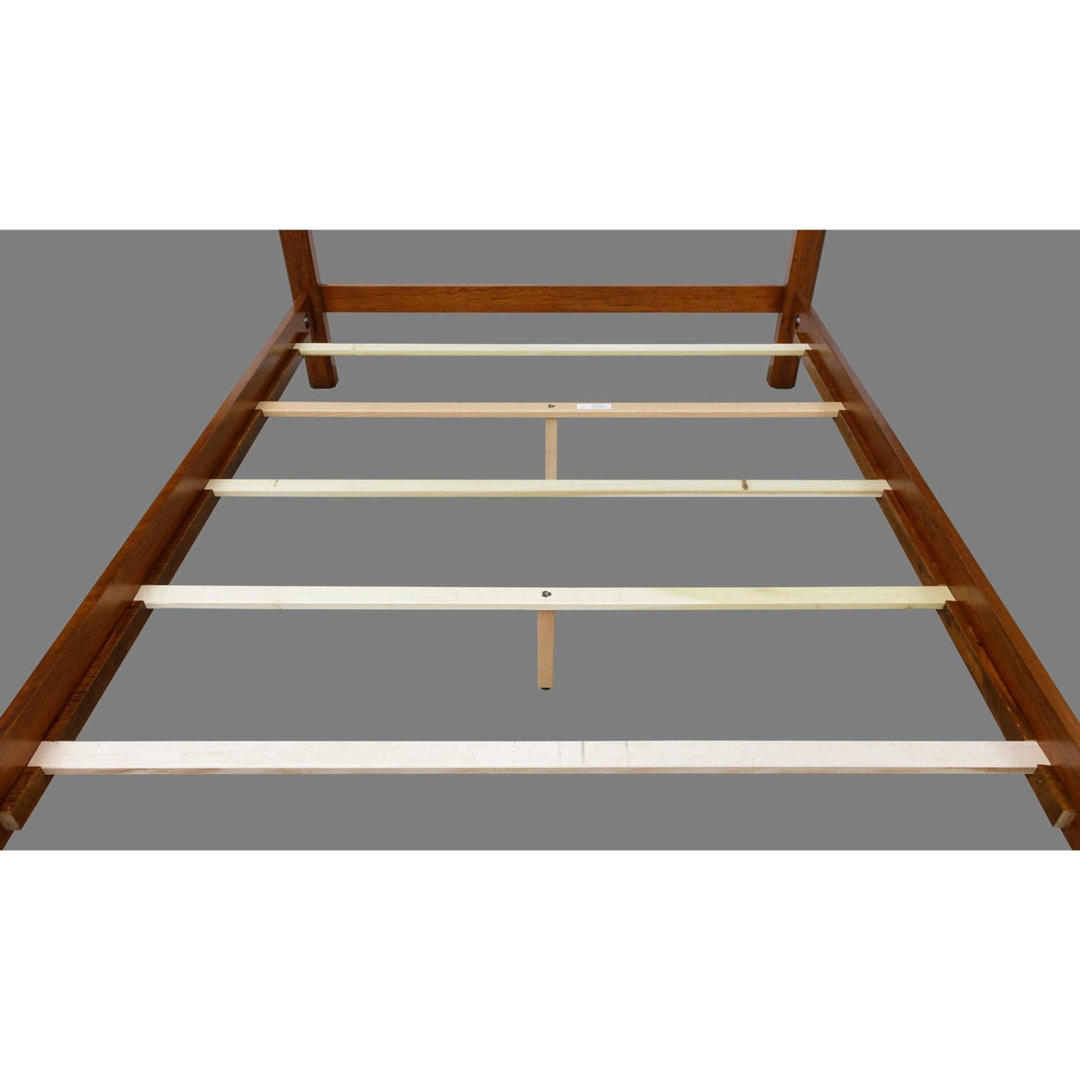 Bed frame from above with cherry rails, natural maple slats and a center support leg on gray