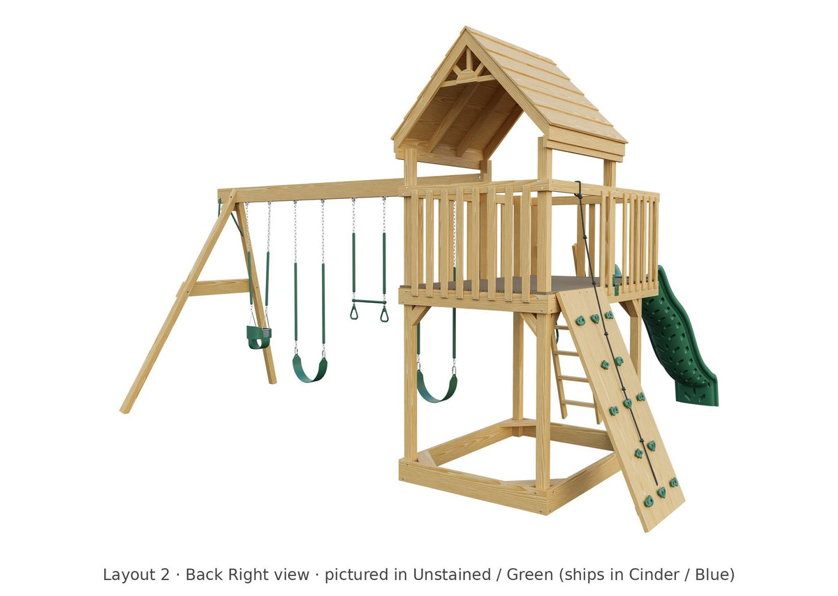 Amish Jefferson Wooden Swing Set & Playset Kit – Layout 2, back right view (shown in Unstained with Green accents)