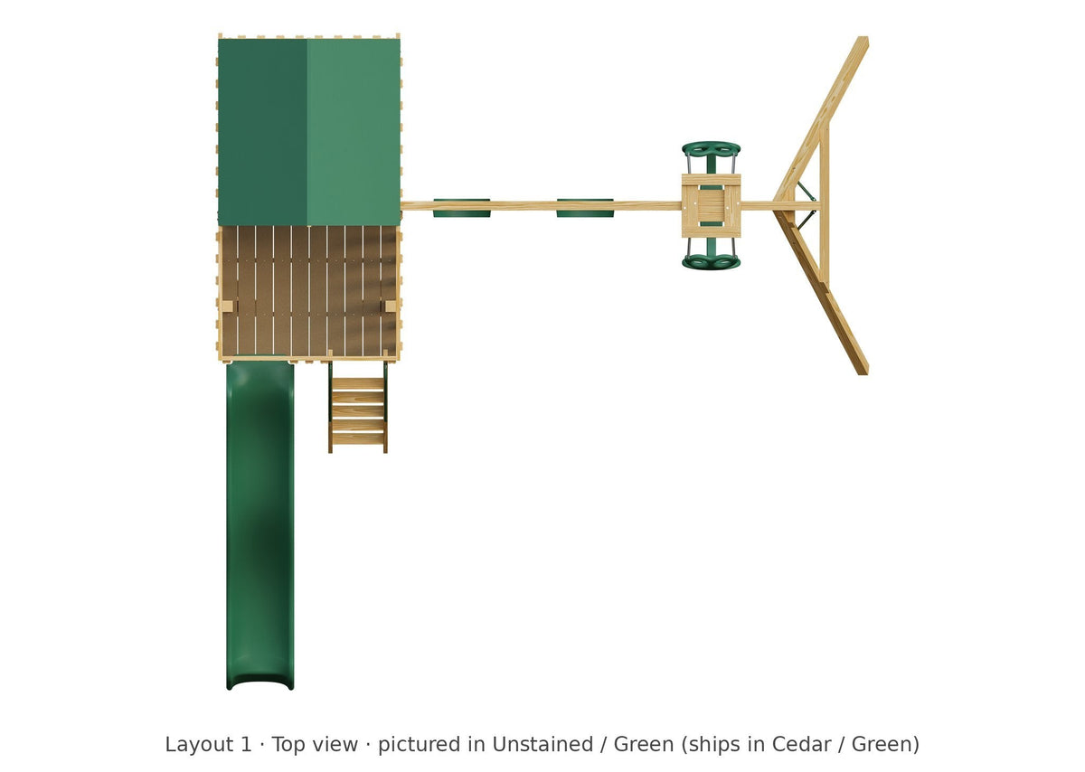 Amish Jefferson Wooden Swing Set & Playset Kit – Layout 1, top view (shown in Unstained with Green accents)