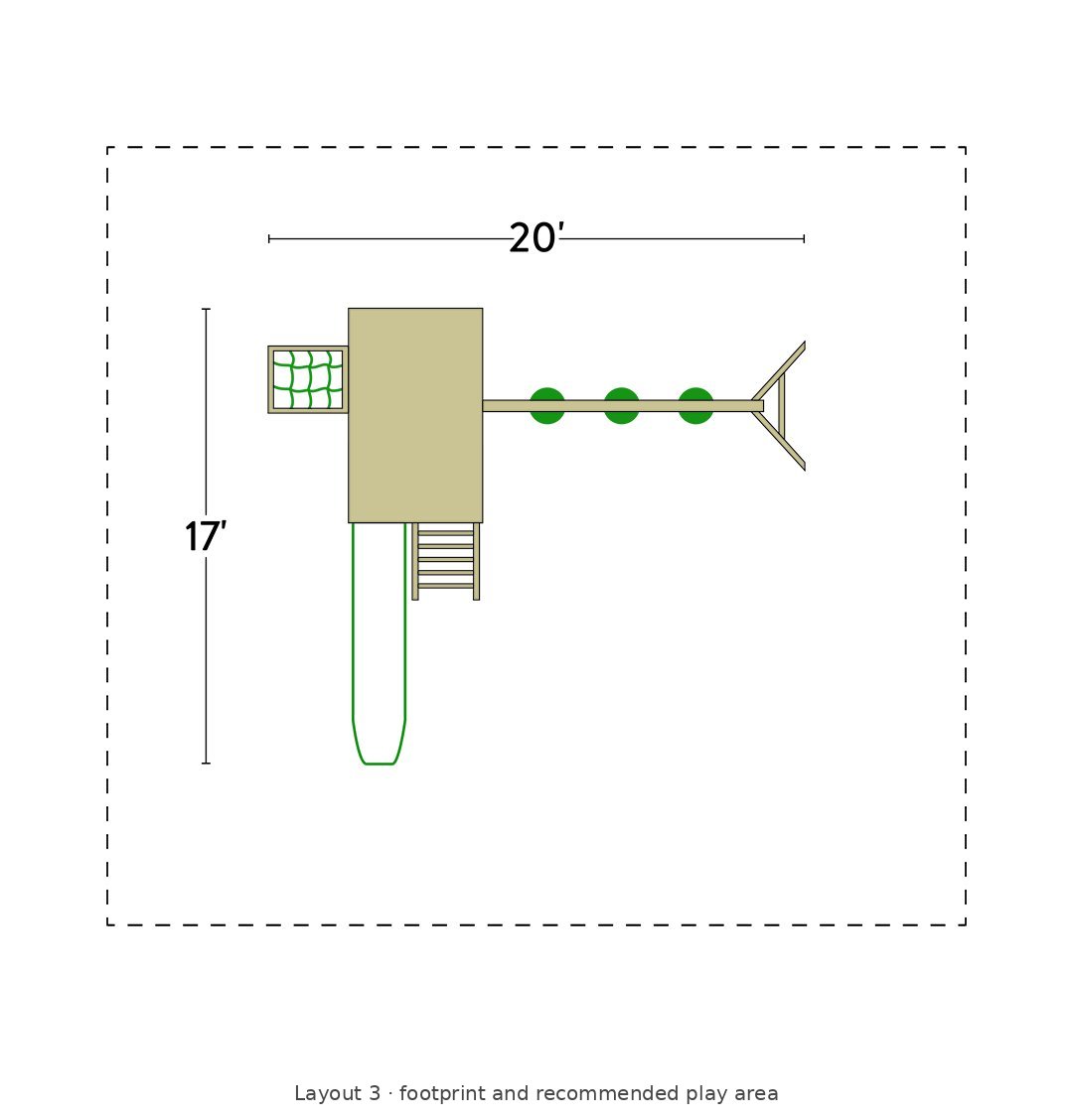 Amish Jefferson Wooden Swing Set & Playset Kit – Layout 3 footprint and recommended play area diagram