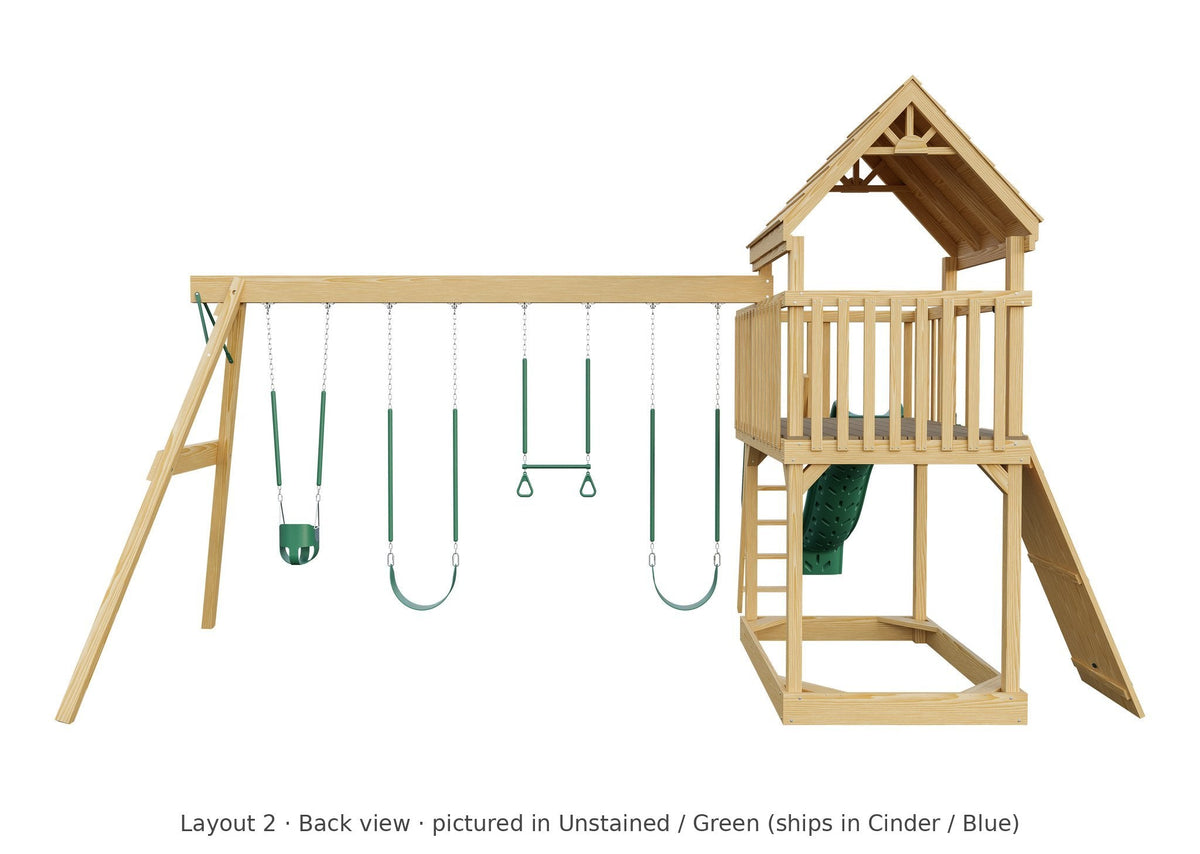 Amish Jefferson Wooden Swing Set & Playset Kit – Layout 2, back view (shown in Unstained with Green accents)