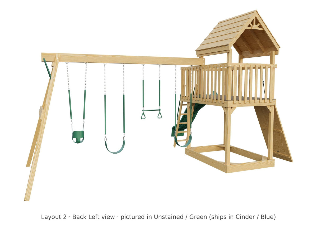 Amish Jefferson Wooden Swing Set & Playset Kit – Layout 2, back left view (shown in Unstained with Green accents)