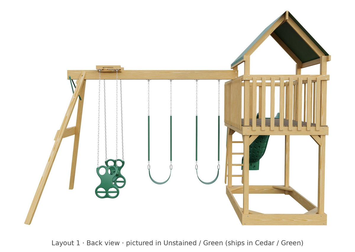 Amish Jefferson Wooden Swing Set & Playset Kit – Layout 1, back view (shown in Unstained with Green accents)
