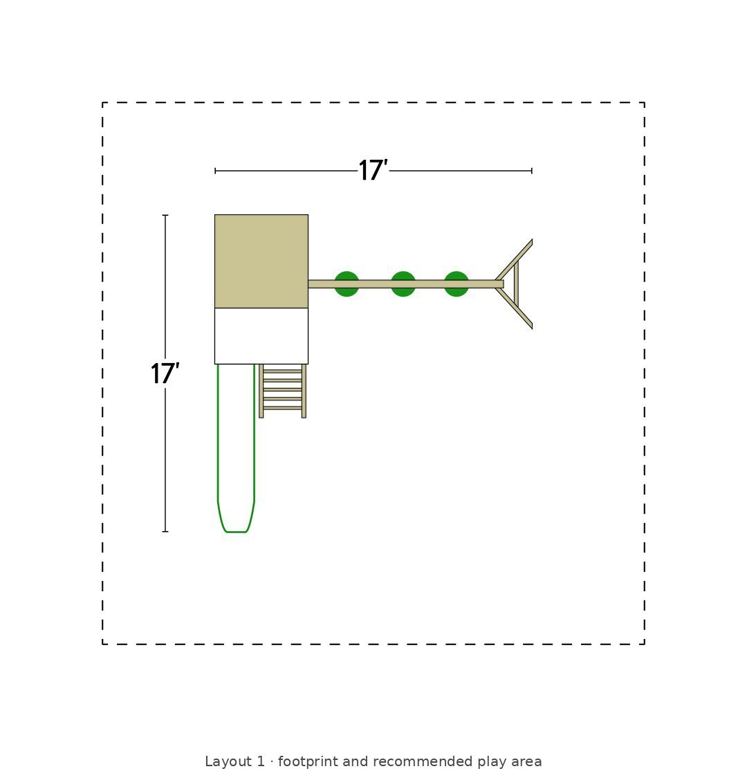 Amish Jefferson Wooden Swing Set & Playset Kit – Layout 1 footprint and recommended play area diagram