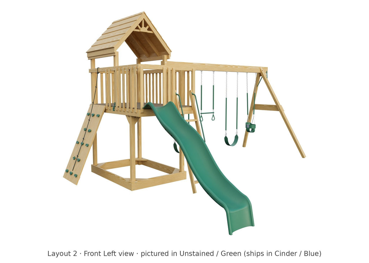 Amish Jefferson Wooden Swing Set & Playset Kit – Layout 2, front left view (shown in Unstained with Green accents)