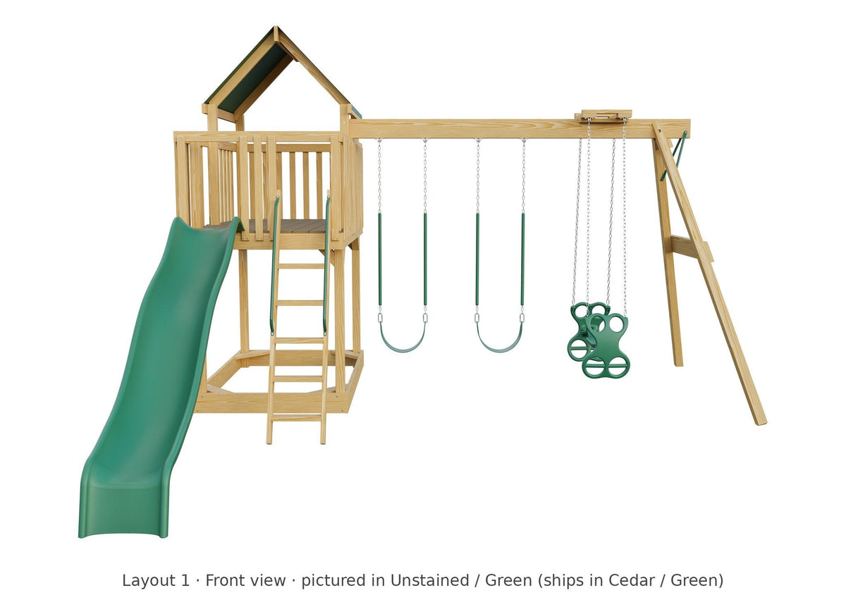 Amish Jefferson Wooden Swing Set & Playset Kit – Layout 1, front view (shown in Unstained with Green accents)