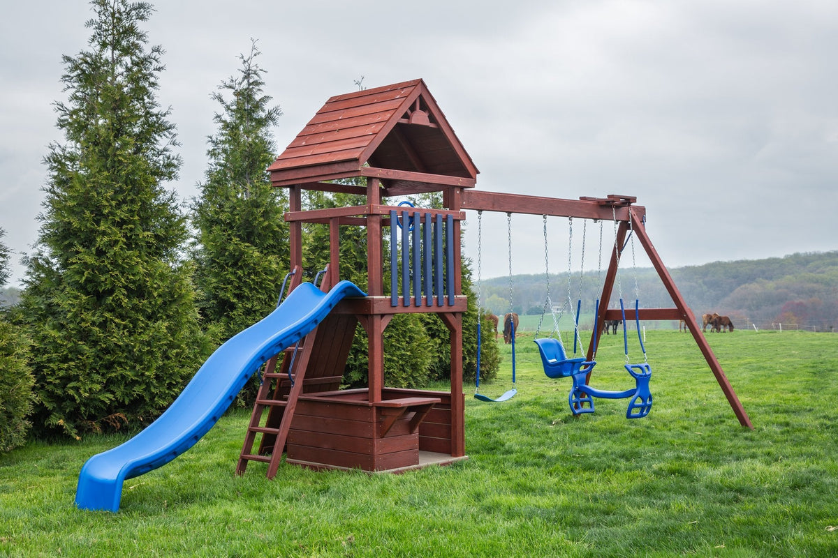 Jefferson Wooden Swing Set & Playset Kit – real-world photo (configuration and colors may differ from the layouts offered)