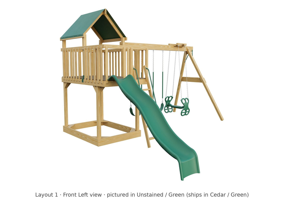Amish Jefferson Wooden Swing Set & Playset Kit – Layout 1, front left view (shown in Unstained with Green accents)