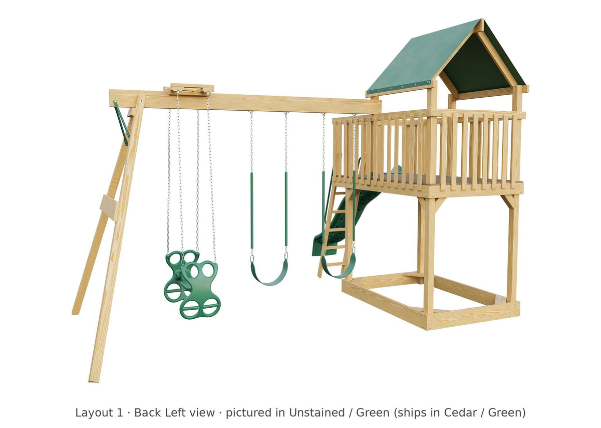 Amish Jefferson Wooden Swing Set & Playset Kit – Layout 1, back left view (shown in Unstained with Green accents)
