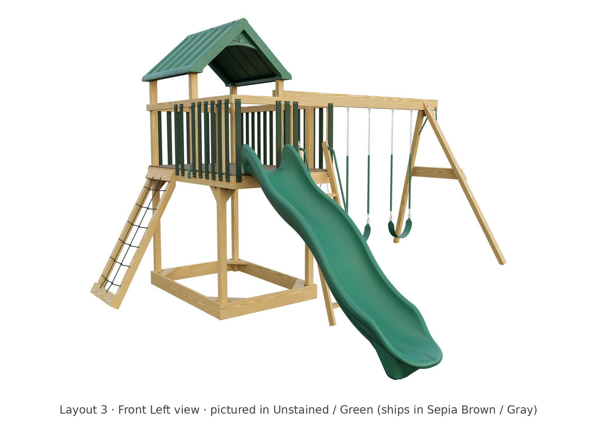 Amish Jefferson Wooden Swing Set & Playset Kit – Layout 3, front left view (shown in Unstained with Green accents)
