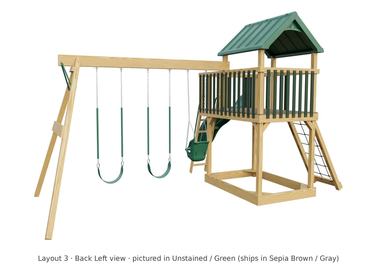 Amish Jefferson Wooden Swing Set & Playset Kit – Layout 3, back left view (shown in Unstained with Green accents)