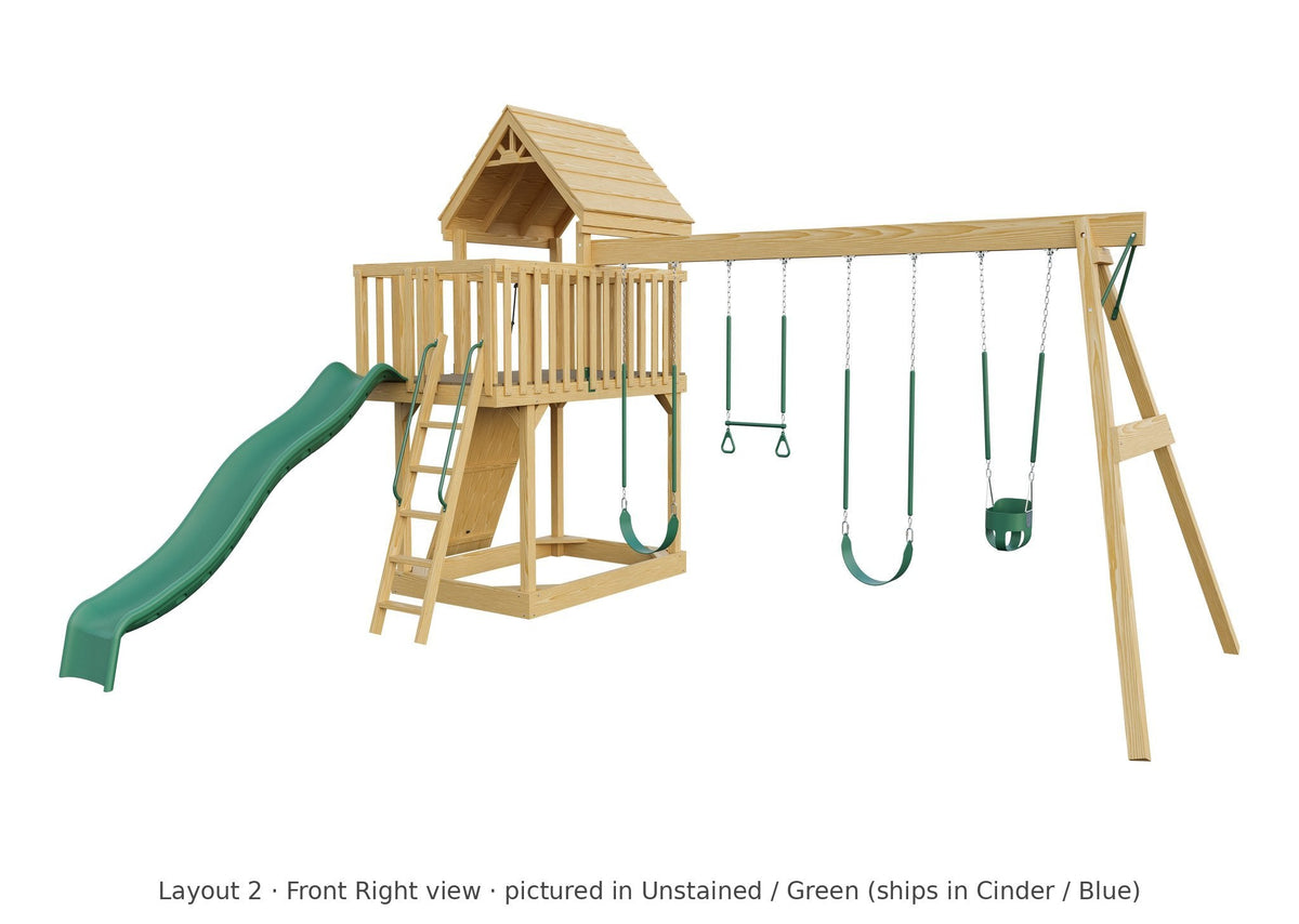 Amish Jefferson Wooden Swing Set & Playset Kit – Layout 2, front right view (shown in Unstained with Green accents)