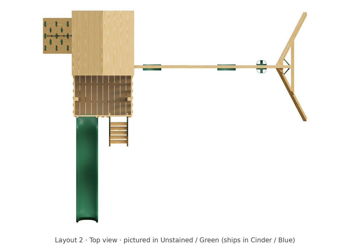 Amish Jefferson Wooden Swing Set & Playset Kit – Layout 2, top view (shown in Unstained with Green accents)