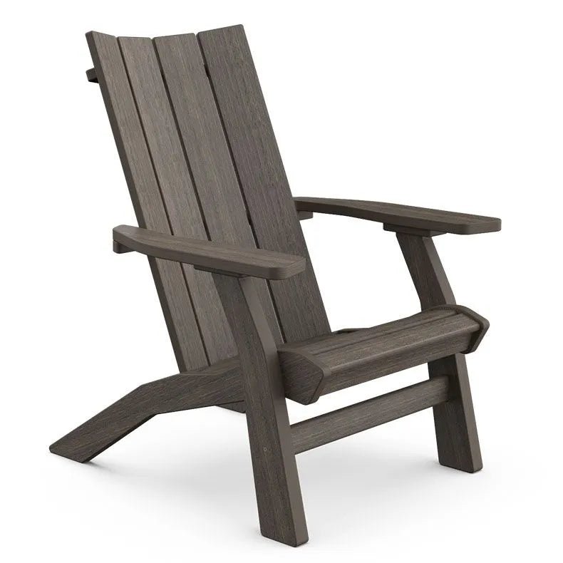 Weathered gray modern Adirondack chair in poly lumber with flat wide arms and slatted seat