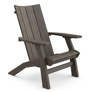 Weathered gray modern Adirondack chair in poly lumber with flat wide arms and slatted seat