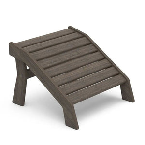 Gray brown poly Adirondack ottoman with curved slat top and flared legs on a white background