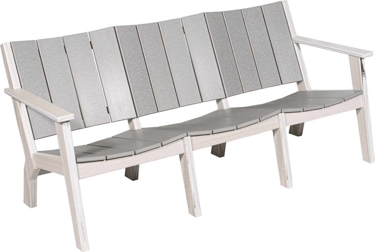 White framed three seat poly patio sofa bench with gray slat back and contoured gray seats