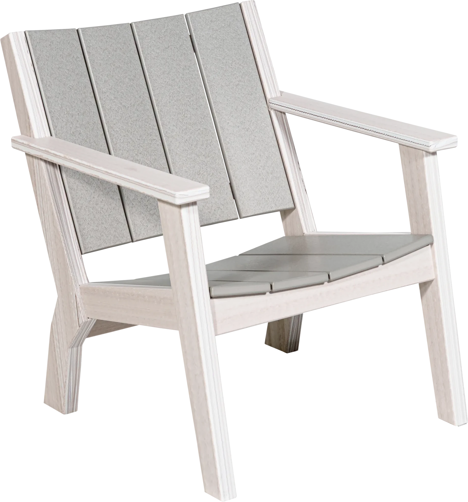 White and blue poly patio arm chair and matching loveseat beside a swimming pool