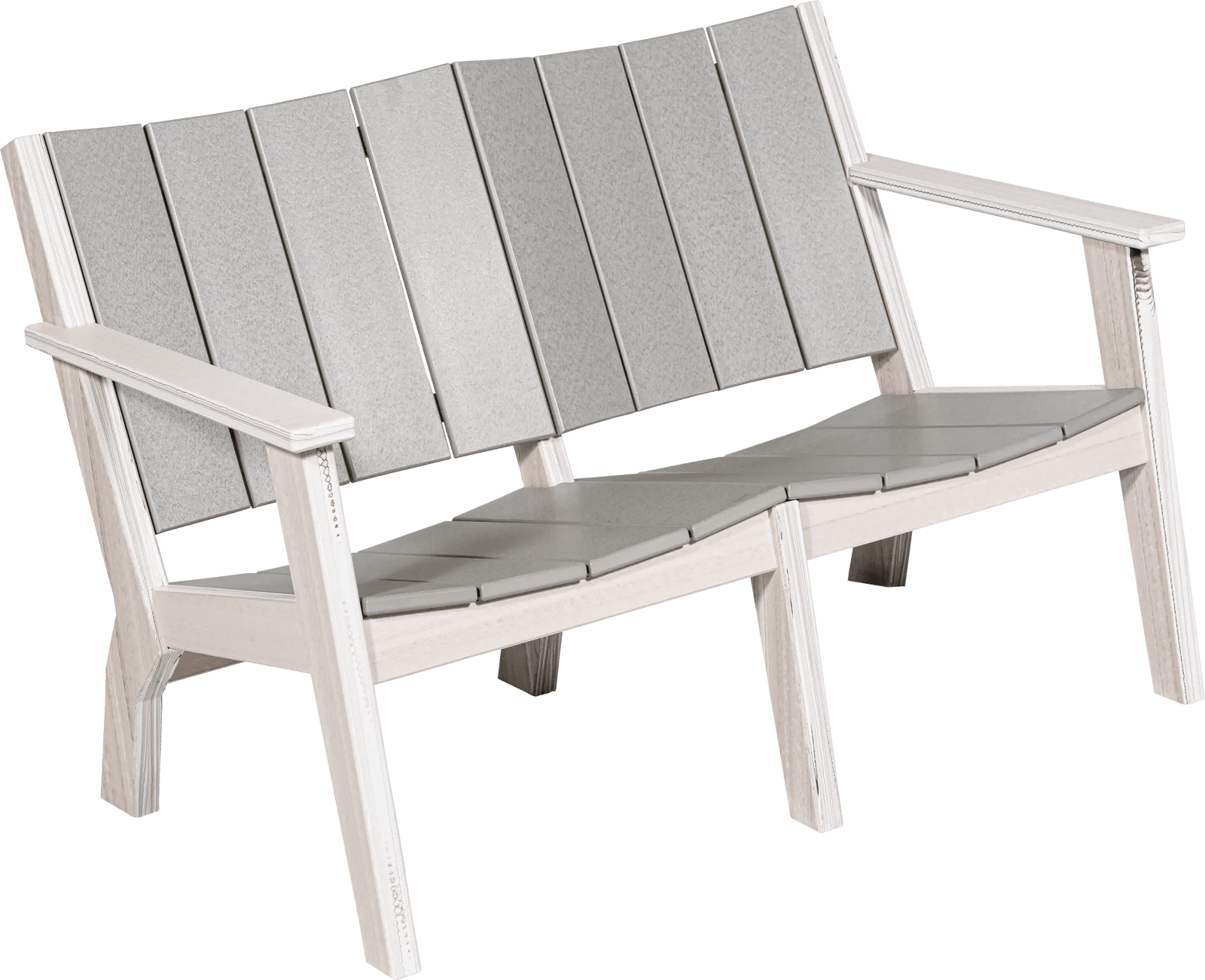 Blue and white poly loveseat for two with slat back, arm chairs and coffee table on a pool deck